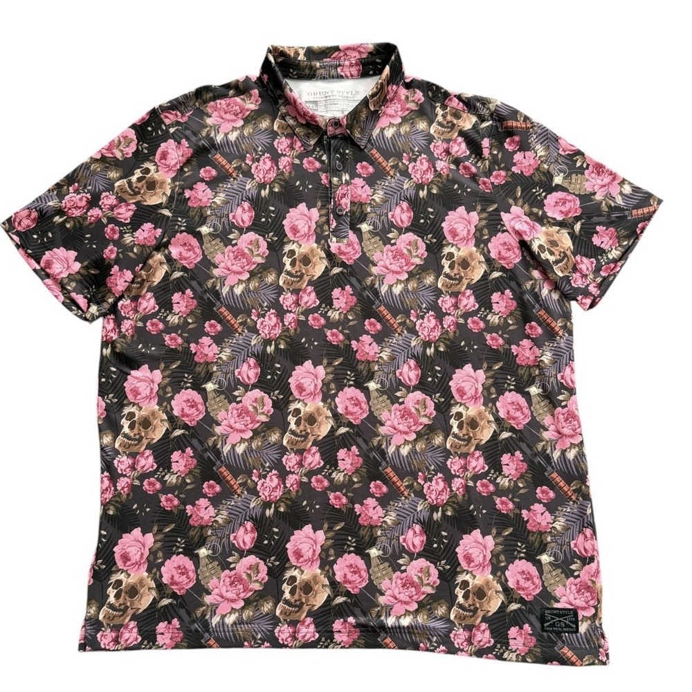 Grunt Style Polo Shirt Mens 2XL Black Pink Skull Floral Performance Stretch Golf